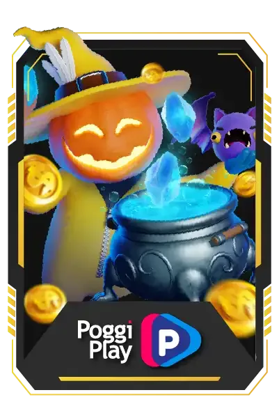 การ์ดค่ายเกม PoggiPlay จากหน้าเว็บของแบรนด์ เป็นภาพวาดหม้อต้มกับเหรียญทอง