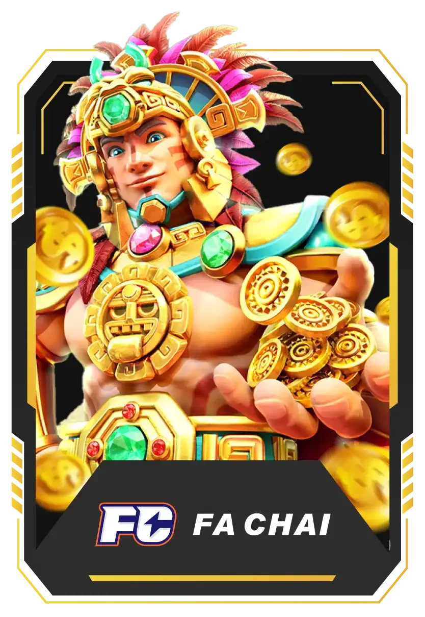 ภาพการ์ดค่ายเกม FaChai จากหน้าเว็บของแบรนด์ เป็นภาพวาดตัวละครกับกองเหรียญ