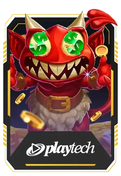 การ์ดค่ายเกม Playtech จากหน้าเว็บของแบรนด์ เป็นภาพวาดตัวละครแมวปีศาจสีแดง