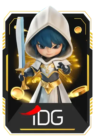 การ์ดค่ายเกม JDG จากหน้าเว็บของแบรนด์ เป็นภาพวาดตัวละครนักรบสวมฮู้ดถือดาบ