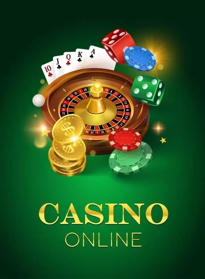 ภาพกราฟิกจากหน้าเว็บของแบรนด์ เป็นวงล้อรูเล็ต ลูกเต๋า และชิป พร้อมคำว่า Casino Online